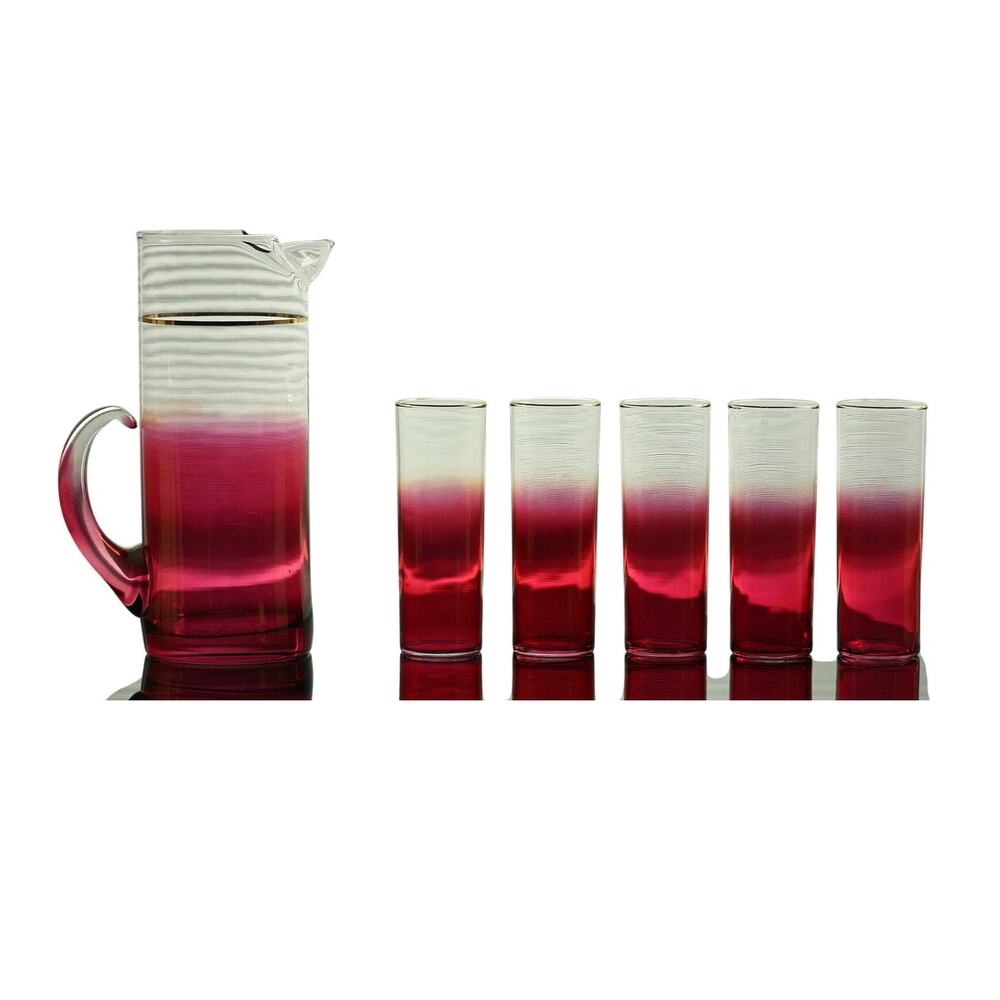 Vtg. Blendo Ombre Rose Cranberry Glassware Set W/ Gold Trim